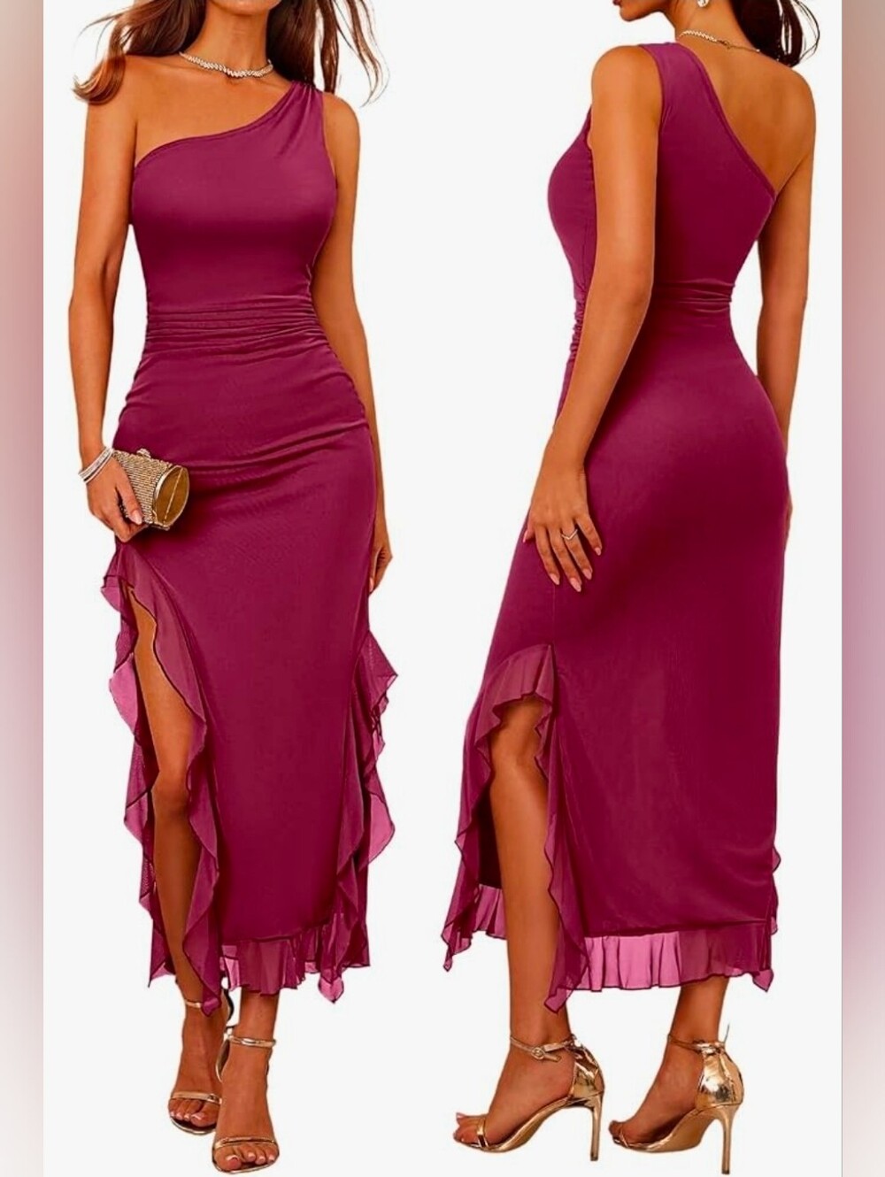 One-Shoulder Wine Ruffle-Slit Maxi Dress - Picture 5 of 6